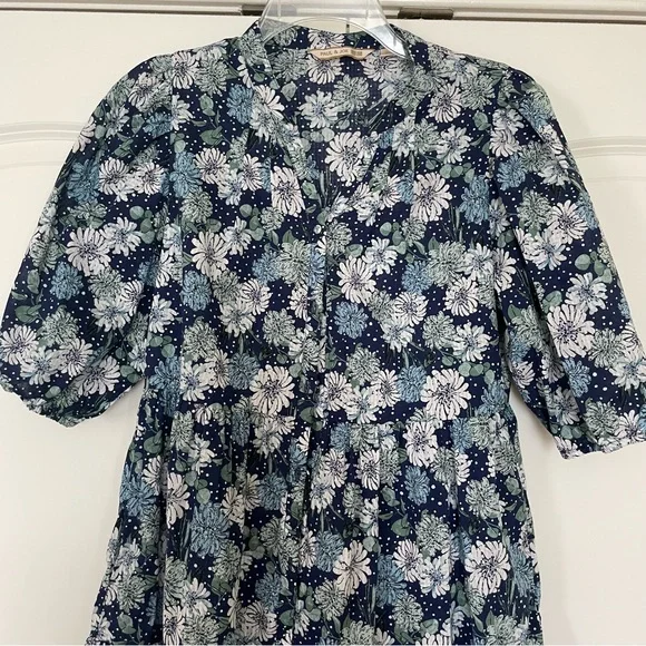 Uniqlo x Paul & Joe Navy Blue Floral Button Down Puff Sleeve Tiered Dress Size M - Picture 10 of 16